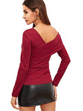 Romwe Women's Slim Cross Wrap Asymmetrical Neck Solid Ribbed Knit Tee Shirt Blouse Red Medium