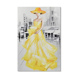 JAPO ART -Modern Abstract Portrait Elegant Lady with Yellow Dress Wall Art 100% Hand Painted Oil Painting for Living Room Bedroom Decor Ready to Hang 24" x 36"