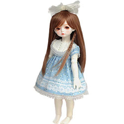 LUSHUN BJD Doll 1/4 Ball Mechanical Jointed Doll Blue Dress with Long Brown Hair with Bow Hair Accessories Accessories,Height 16 in, Can Change Clothes and Wigs for Girls 3 Years and Up
