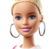 Barbie Fashionistas Doll with Blonde Updo Hair Wearing Pink & Golden Plaid Dress, White Sneakers & Earrings, Toy for Kids 3 to 8 Years Old
