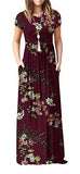 VIISHOW Women's Short Sleeve Floral Printed Dress Loose Plain Maxi Dresses Casual Long Dresses with Pockets(Floral Wine red XS)