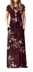 VIISHOW Women's Short Sleeve Floral Printed Dress Loose Plain Maxi Dresses Casual Long Dresses with Pockets(Floral Wine red XS)