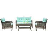Okeysen Patio Outdoor Furniture Sets, 4 Pcs with Loveseat, All-Weather Checkered Wicker Rattan Conversation Sofa Set, Glass Coffee Table with Removable Cushion. (Green)