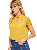 Romwe Women's Elegant Lace Short Sleeve Sexy Keyhole Blouse Shirt (Large, Yellow)