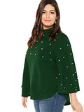 Romwe Women's Plus Elegant Pearls Beaded Long Sleeve Blouse Top Green 1XL