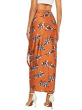 SheIn Women's Floral Slit Wrap Asymmetrical Elastic High Waist Maxi Draped Skirt Orange Floral Small