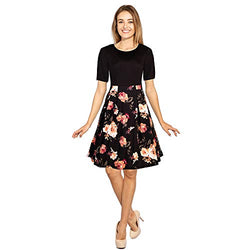 Women's Vintage Patchwork Pockets Puffy Swing Cocktail Work Party Dress Black - Floral