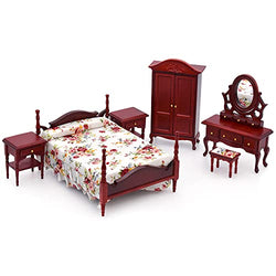 iLAND Wooden Dollhouse Furniture 1/12 Scale, Dollhouse Bedroom Furniture in Mahogany Color incl Dollhouse Bed & Dressing Table & Wardrobe (Classical Miniature Furniture 6pcs)