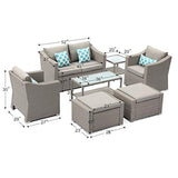 COSIEST 7-Piece Outdoor Patio Furniture Conversation Set All-Weather Wicker Sectional Sofa w Thick Cushions, Coffee Table, Glass-Top Table, 2 Ottomans, 4 Teal Pattern Pillows for Pool, Lawn, Backyard