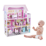 Wooden Dollhouse for Little Girls, Doll House with 9 Furniture Pieces Toys Gift for 3 4 5 6 Year Old Kids Toddlers