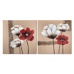 Wieco Art Red and White Flowers Canvas Paintings Wall Art for Living Room Bedroom Home Decor Modern 2 Panels Large Gallery Wrapped Contemporary Pretty Abstract Floral Pictures Giclee Canvas Prints L