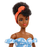 Barbie Fashionistas Doll #185, Black Up-do Hair, Off-Shoulder Bleached Denim Dress, Orange Bandana, White Boots, Toy for Kids 3 to 8 Years Old