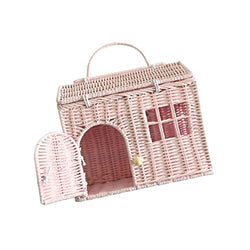 Rool Rattan House Basket Wicker Small Dollhouse Gift for Girls 3 - 6 Years Old, Montessori Toddler Toy, Woodland Doll Carrier (Pink)