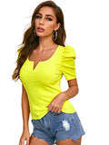 Romwe Women's Puff Sleeve Rib Knit Square Neck Elegant Slim Fit Blouse Tops A-Yellow Medium