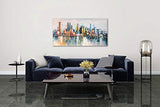 Bouvy Art,24x48Inch 100% Hand Painted Cityscape Modern Building Oil Painting on Canvas City Skyline Wall Art Framed Abstract Urban Landscape Artwork Oil Hand Paintings for Dinning Room Office