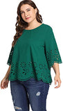 Romwe Women's Plus Size Hollow Out Scallop 3/4 Sleeve Blouse Top Green 3XL