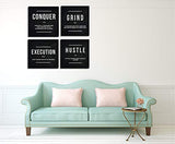 Grind Hustle Execution Conquer Entrepreneur Quotes Inspirational Wall Art - Motivational Canvas Print Framed Picture Painting for Office Hallway Home Decor Kids Room-16"x16"x4pcs