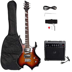 Bysesion Flame Shaped Electric Guitar with 20W Electric Guitar Sound HSH Pickup Novice Guitar Audio Bag Strap Picks Shake Cable Wrench Tool Sunset Color