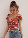 Romwe Women's Sexy Polka Dots Deep V Neck Bow Front Short Sleeve Blouse Tops Burnt Orange M