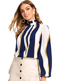 Romwe Women's Elegant Printed Stand Collar Long Sleeve Workwear Blouse Top Shirts Blue Vertical Stripe M