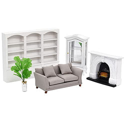 iLAND Dollhouse Furniture Miniature incl Dollhouse Sofa, Book Cabinet, Display Cabinet, Lighted Fireplace, Plant for Dollhouse Living Room (Luxurious Modern 5pcs)