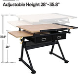BBBuy MDF Drafting Table Desk Art&Craft Work Station Drawing Desk Height Adjustable Craft Table w/Stool and 2 Storage Drawers for Home Office School Study Room
