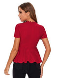 Romwe Women's Lace Mesh Round Neck Pleated Elegant Slim Fit Peplum Top Shirt Blouse Red#1 X-Large