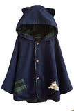 Aza Boutique Women`s Cute Button Down Tweed Cat Ears Hooded Cape Navy,One Size