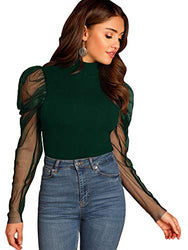 Romwe Women's Mesh Puff Sleeve High Neck Slim Fit Party Blouse Top Green Large