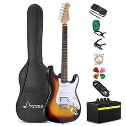 Donner DST-1S Solid Full-Size 39 Inch Electric Guitar Kit Sunburst Package with Amplifier, Bag, Capo, Strap, String, Tuner, Cable and Pick