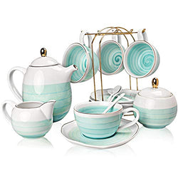SWEEJAR Porcelain Tea Sets,8 oz Cups and Saucer Teaspoon Set of 4, with Teapot Sugar Bowl Cream Pitcher and Tea Strainer for Tea/Coffee,Afternoon Tea Party (Blue)