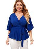 Romwe Women's Plus Size Short Sleeve Wrap V Neck Belted Ruffle Peplum Tops Blouse Blue 2X Plus