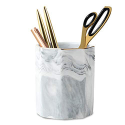 WAVEYU Pen Holder, Pencil Holder for Desk, Marble Desk Organizer Cute, Durable Ceramic Pencil Cup, Decorative Makeup Brush Holder Cup, Stationery Holder for Office, School, Home, Gray Marble