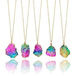 FirstFly Rainbow Stone Pendant Necklace, Irregular Quartz Stone Pendant Crystal Gemstone Necklace