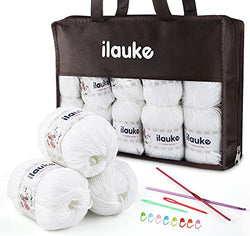 ilauke White Cotton Yarn for Crocheting, 10 Pack Bulky Soft Double Knitting Yarn Balls with Yarn Crocheting kit for Beginners(10×50g)