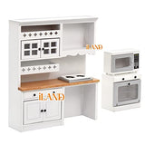 iLAND Wooden Dollhouse Furniture Set on 1/12 Scale for Dollhouse Kitchen incl Modern Miniature Kitchen Cabinets, Fridge, Oven, Microwave, Pots Set, Carpet