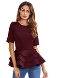 Romwe Women's Vintage Layered Ruffle Hem Slim Fit Round Neck Peplum Blouse Burgundy M