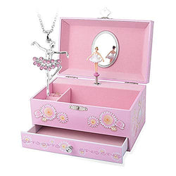 Round Rich Music Jewelry Box and Ballerina Dance Necklaces with Melody is Swan Lake Pink