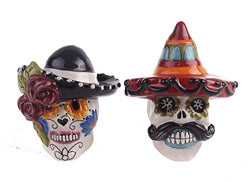 Blue Sky Ceramic Day of The Dead Sugar Skull Salt and Pepper Shaker Set, 7" x 3.5" x 4"