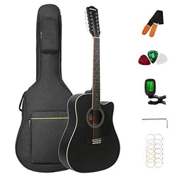 12 String Acoustic Guitar Cutaway,Adjustable Truss Rod Full Size Bundle with Gig Bag,Tuner,Strings,Strap, Picks, Black By Janerock