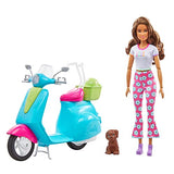 Barbie Travel Playset with Fashionistas Travel Doll (11.5 in Brunette) and Scooter, Pet Puppy, Stickers & Travel Accessories, Gift for 3 to 7 Year Olds