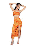 Romwe Women's 2 Piece Outfit Tie Dye Criss Cross Halter Crop Top and High Split Bodycon Skirts Set Orange S