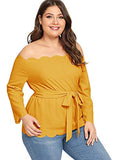 Romwe Women 's Plus Size 3/4 Sleeve Off The Shoulder Top Scalloped Peplum Blouse with Belte Yellow 18W