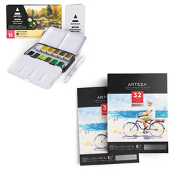 ARTEZA Watercolor Paint Set with Water Brush, 12 Watercolor Half Pans in Earth Tones Watercolor Sketchbook 9x12 inch, Pack of 2, Art Supplies for Painting Stunning Landscapes