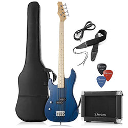 Davison Left Handed Electric Bass Guitar with 15-Watt Amp, Blue - 4 String Full Size Beginner Kit with Gig Bag and Accessories