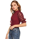 Romwe Women's Summer Short Sleeve Mock Neck Casual Blouse Tops Mesh Burgundy Large