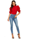 Romwe Women's Puff Half Sleeve Mock Neck Keyhole Back Slim Fit Blouse Tops Red S