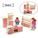 Huayao 6 Set Wood Family Dollhouse Furniture Set with 4 People Wooden Family Dolls, Bedroom/Living Room/Kid Room/Bathroom/Kitchen/Dining Room
