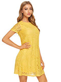 Romwe Women's Short Sleeve Summer Lace Wide Hem Dress Yellow_no Stretchy Small