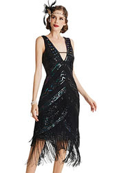 BABEYOND 1920s Flapper Dress V Neck Sequin Beaded Dress Roaring 20s Gatsby Fringe Party Dress (Black & Colorful Sequins, M)